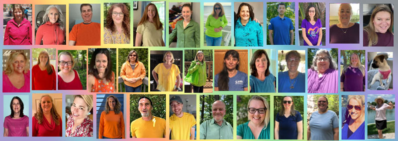 NAMI NH staff in colorful clothing arranged in order of red, orange, yellow, green, blue and purple.