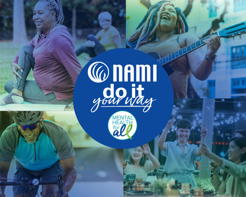 Photo collage - two women doing yoga, woman playing guitar, man on a bike, and group of four people at a restaurant. NAMI do it your way mental health for all