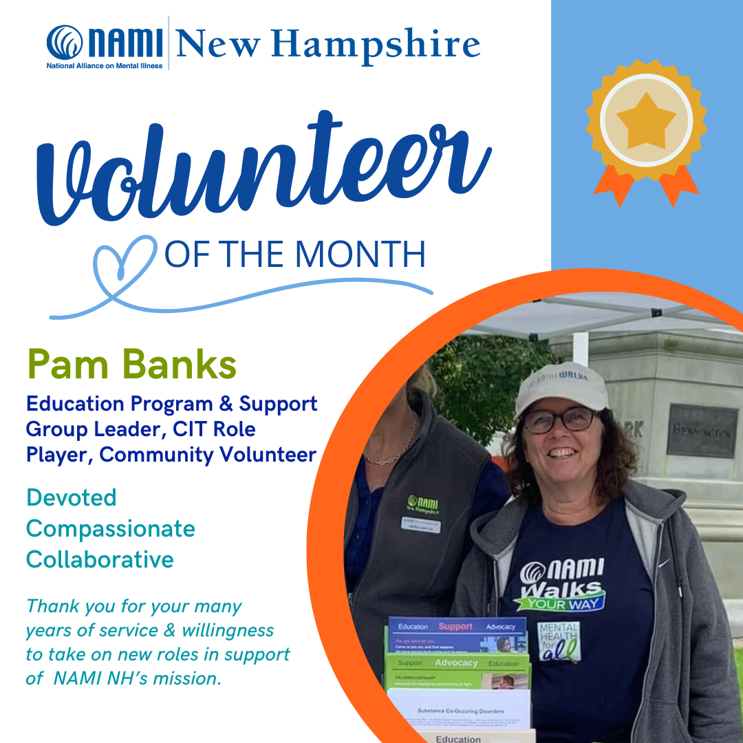 Photo of Pam Banks with text that reads Volunteer of the Month