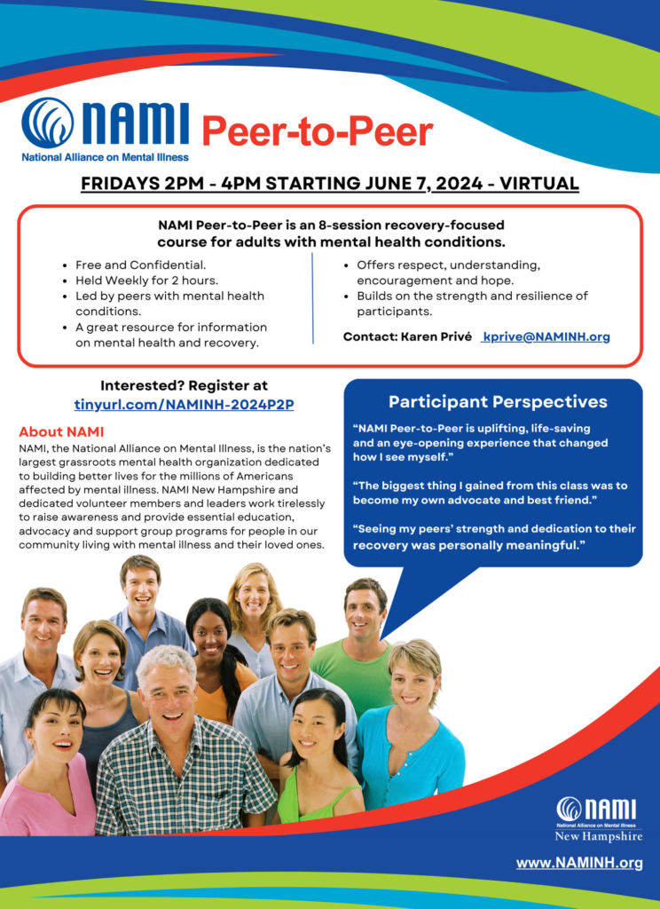 NAMI Peer-to-Peer flyer. Group of diverse individuals on a white background.