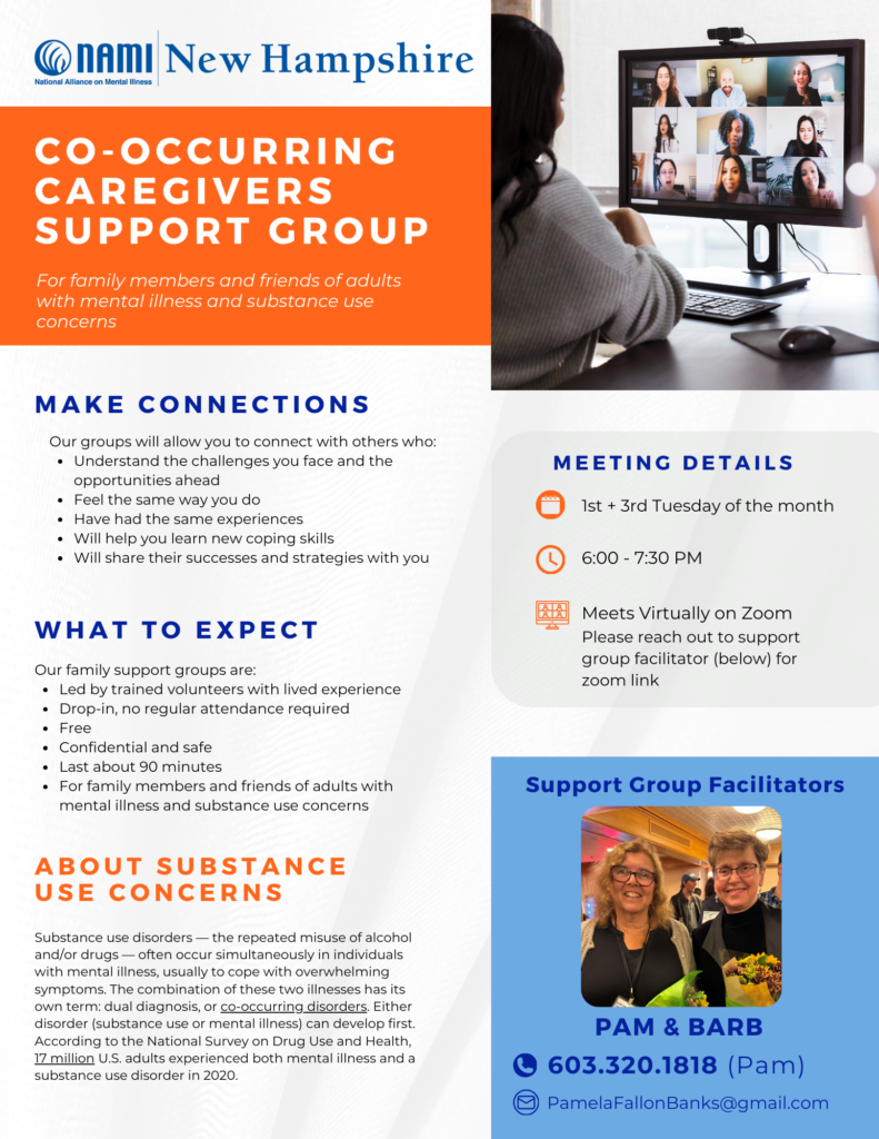 Meeting details: 1st & 3rd Tuesday of the month. 6-7:30pm. Meets virtually on Zoom. Contact Pam at pamelafallonbanks@gmail.com or 603-320-1818 for the Zoom link.