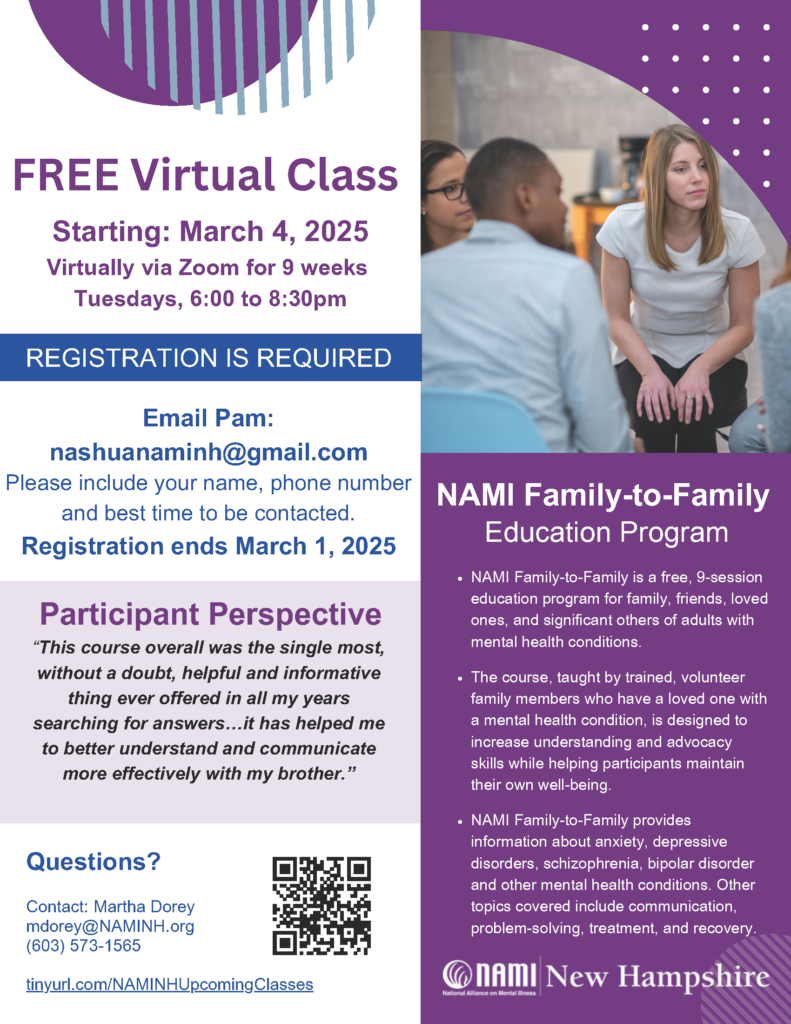 Program flyer with picture of a group of three people sitting in a circle.