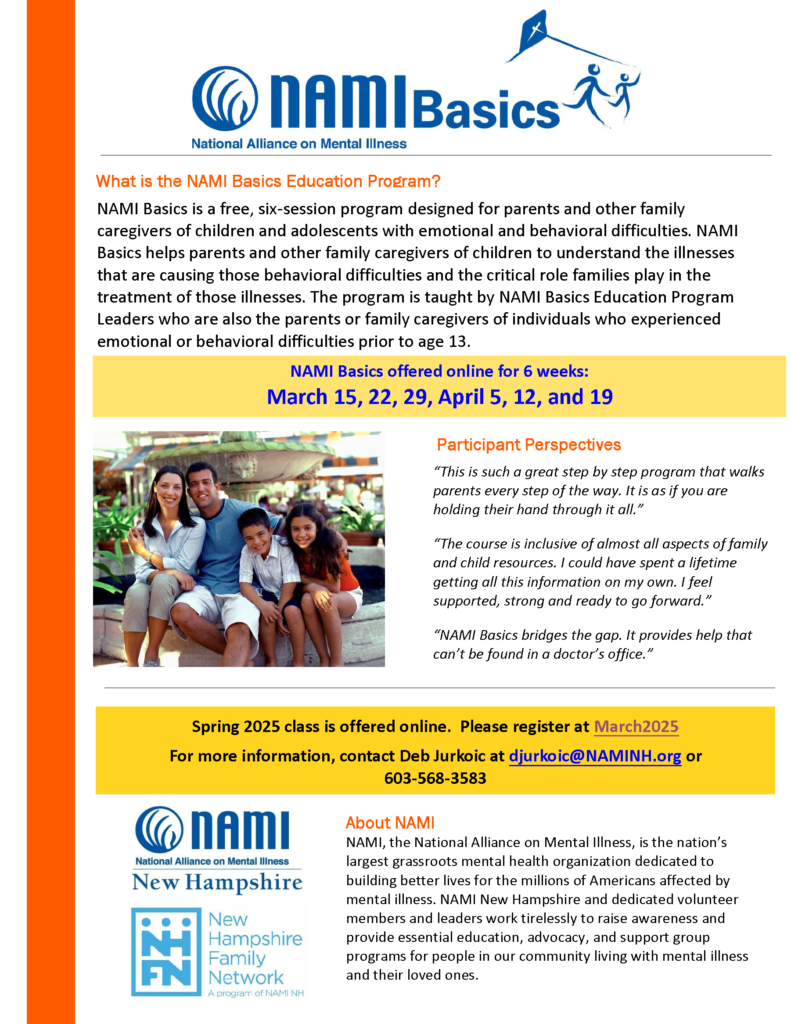 NAMI Basics program flyer with a family of four sitting on a fountain.