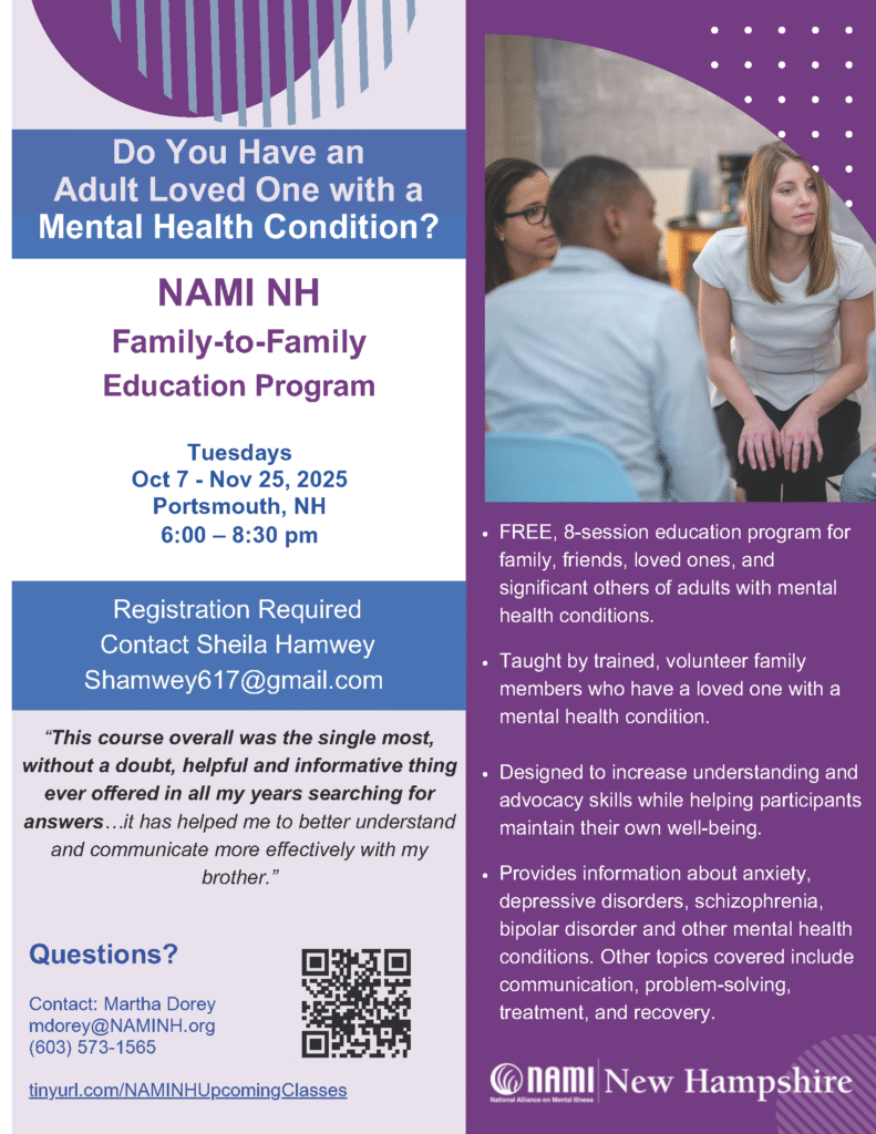 Program flyer with picture of a group of three people sitting in a circle.