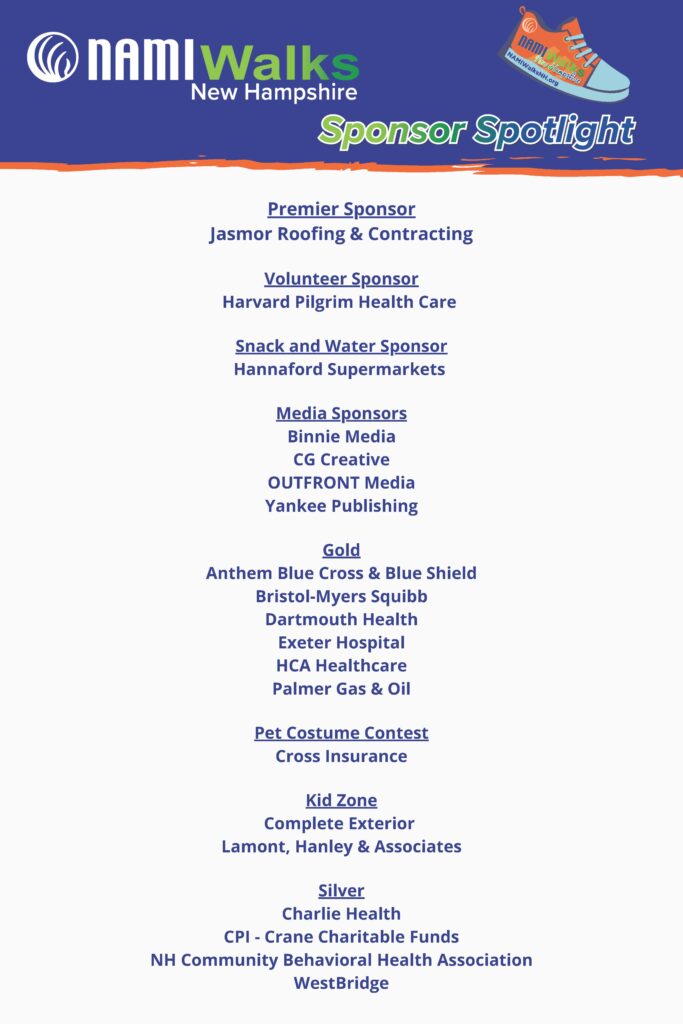 A graphic listing sponsors for NAMIWalks New Hampshire 2025. 