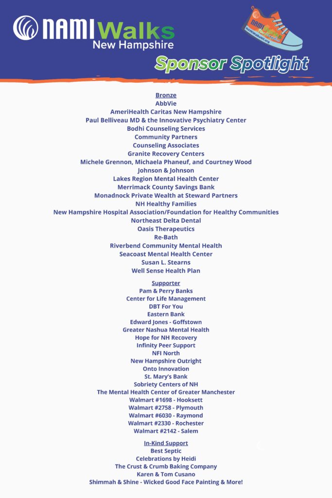 A graphic listing sponsors for NAMIWalks New Hampshire 2025. 