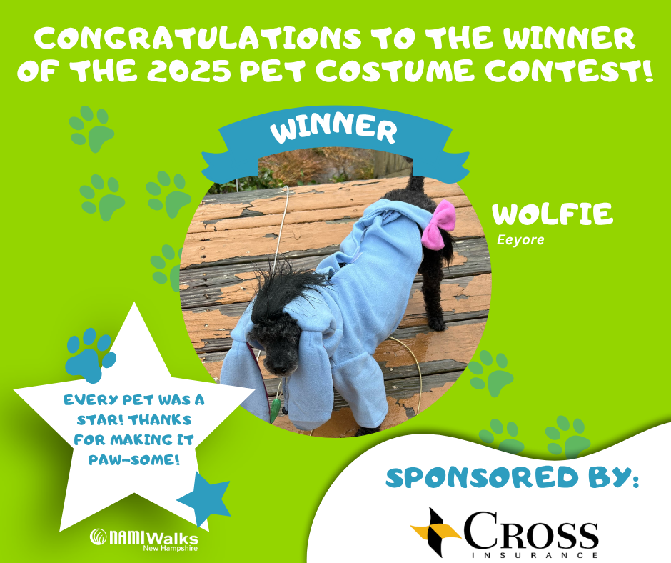 A graphic depicting the winner of the 2025 Pet Costume Contest, Wolfie, a dog dressed as Eeyore.