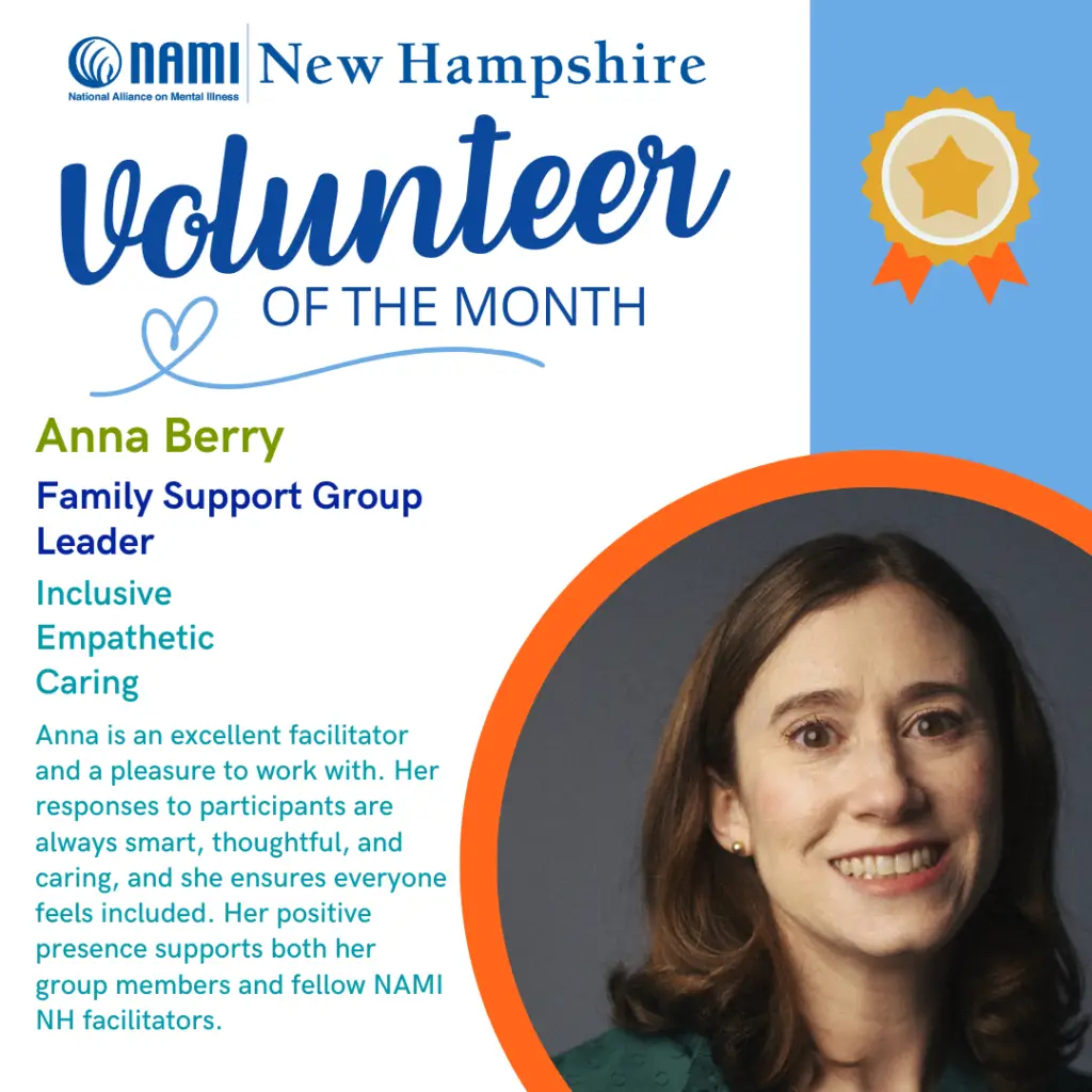 A photograph of Anna Berry, February 2026 NAMI NH Volunteer of the Month