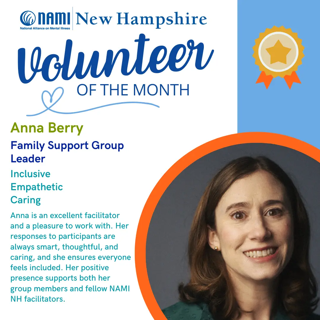 A photograph of Anna Berry, February 2026 NAMI NH Volunteer of the Month