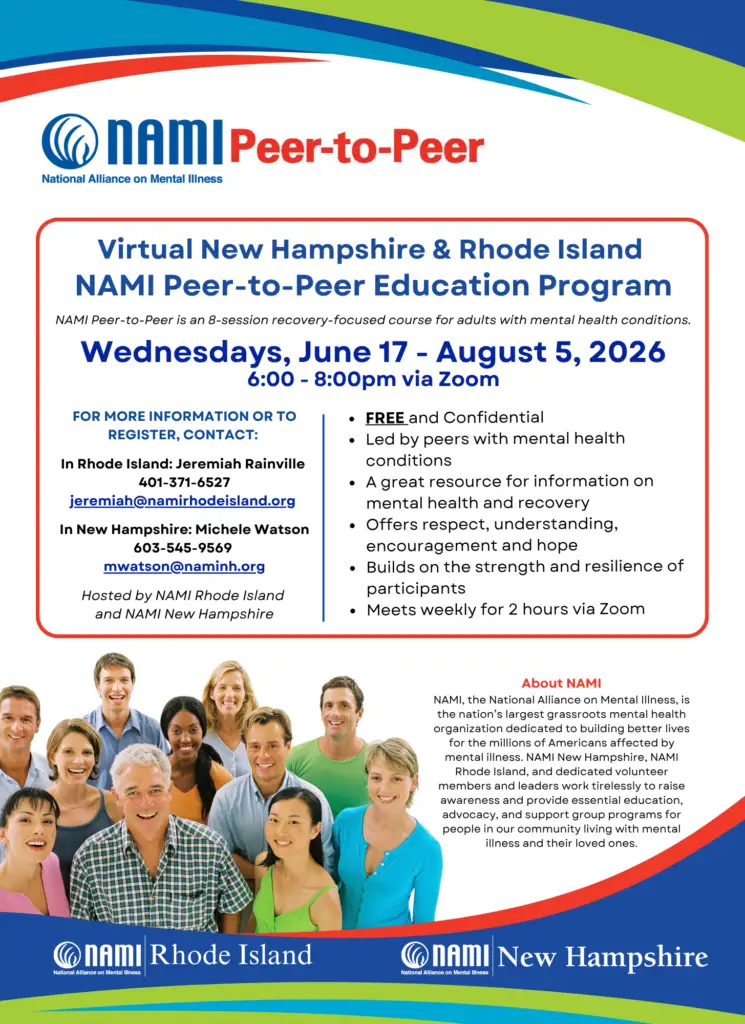 NAMI Peer-to-Peer program flyer. A group of 11 smiling individuals in the lower left corner