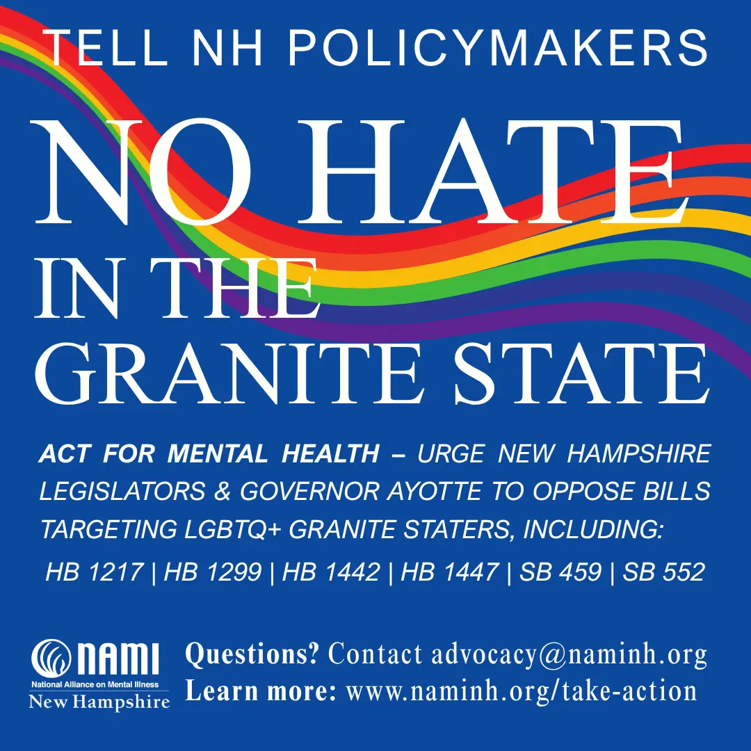 White text on a blue background with rainbow accents reading "Tell NH Policymakers No Hate in the Granite State"