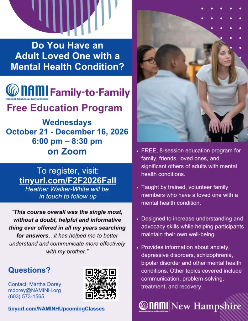 Program flyer with picture of a group of three people sitting in a circle.